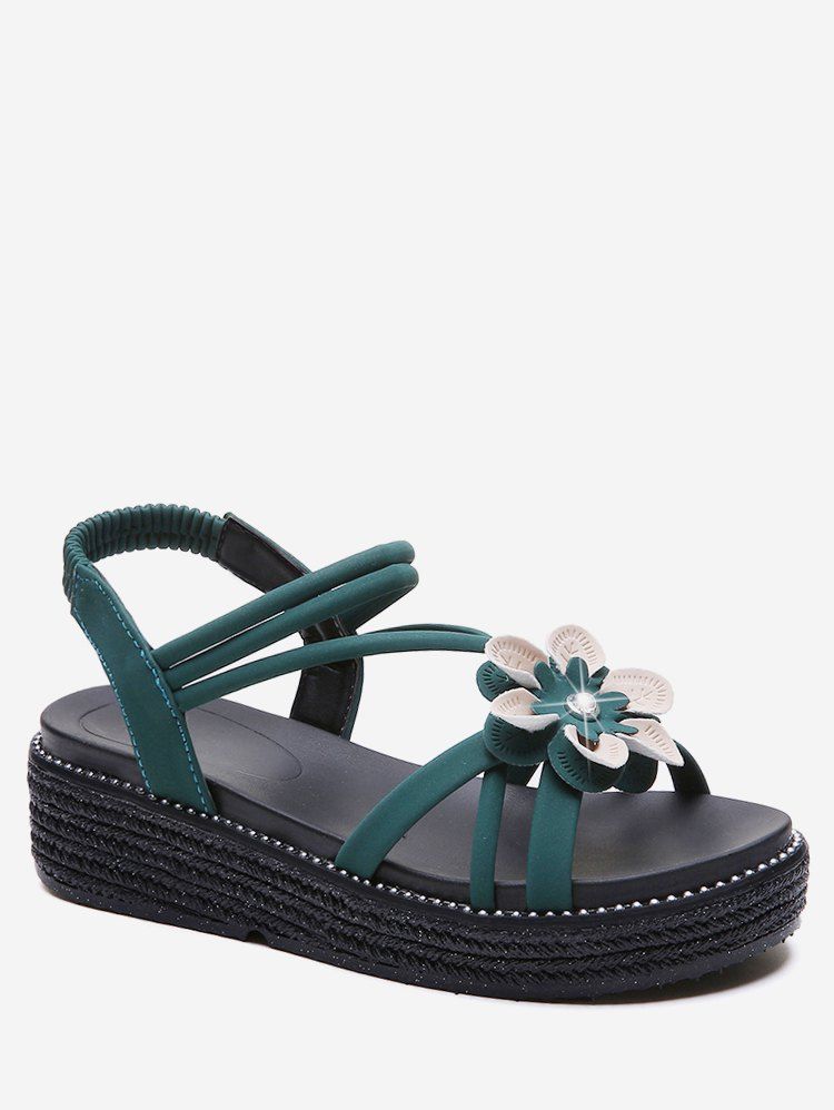 

Flower Decor Flat Platform Sandals, Macaw blue green