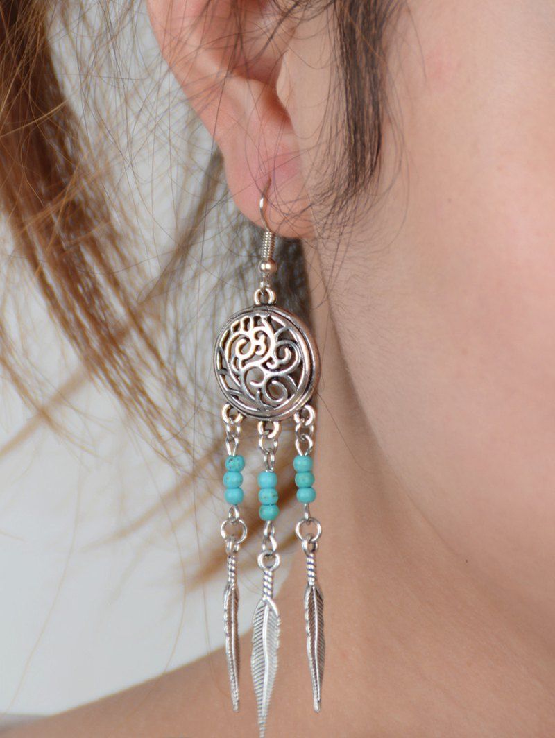 

Ethnic Hollow Feather Fringe Earrings, Silver