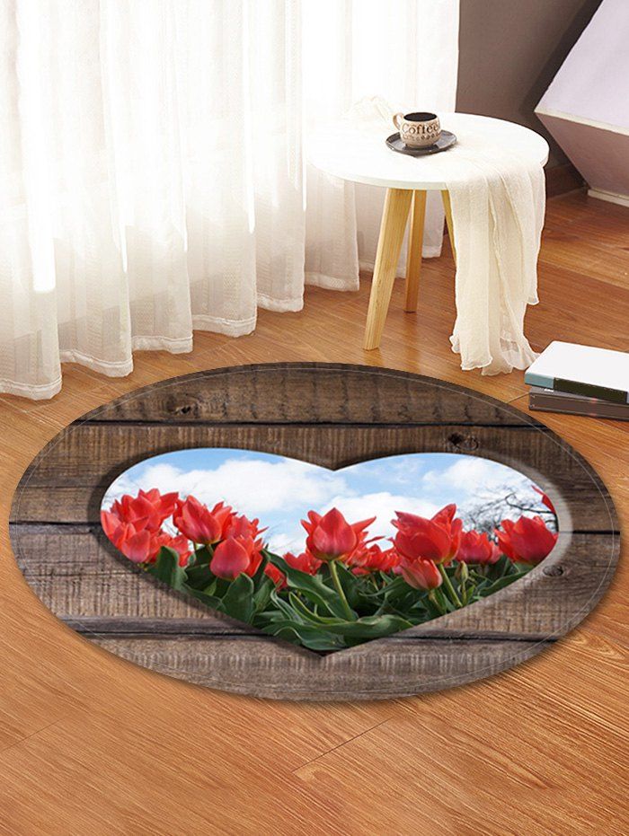 

Wood Heart Flower 3D Print Round Floor Rug, Brown bear