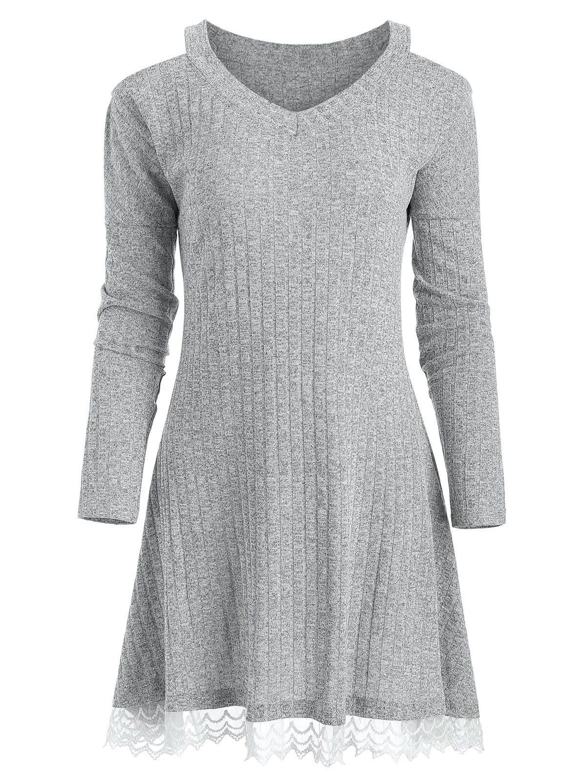 Latest Knit Lace Panel Cold Shoulder Dress  