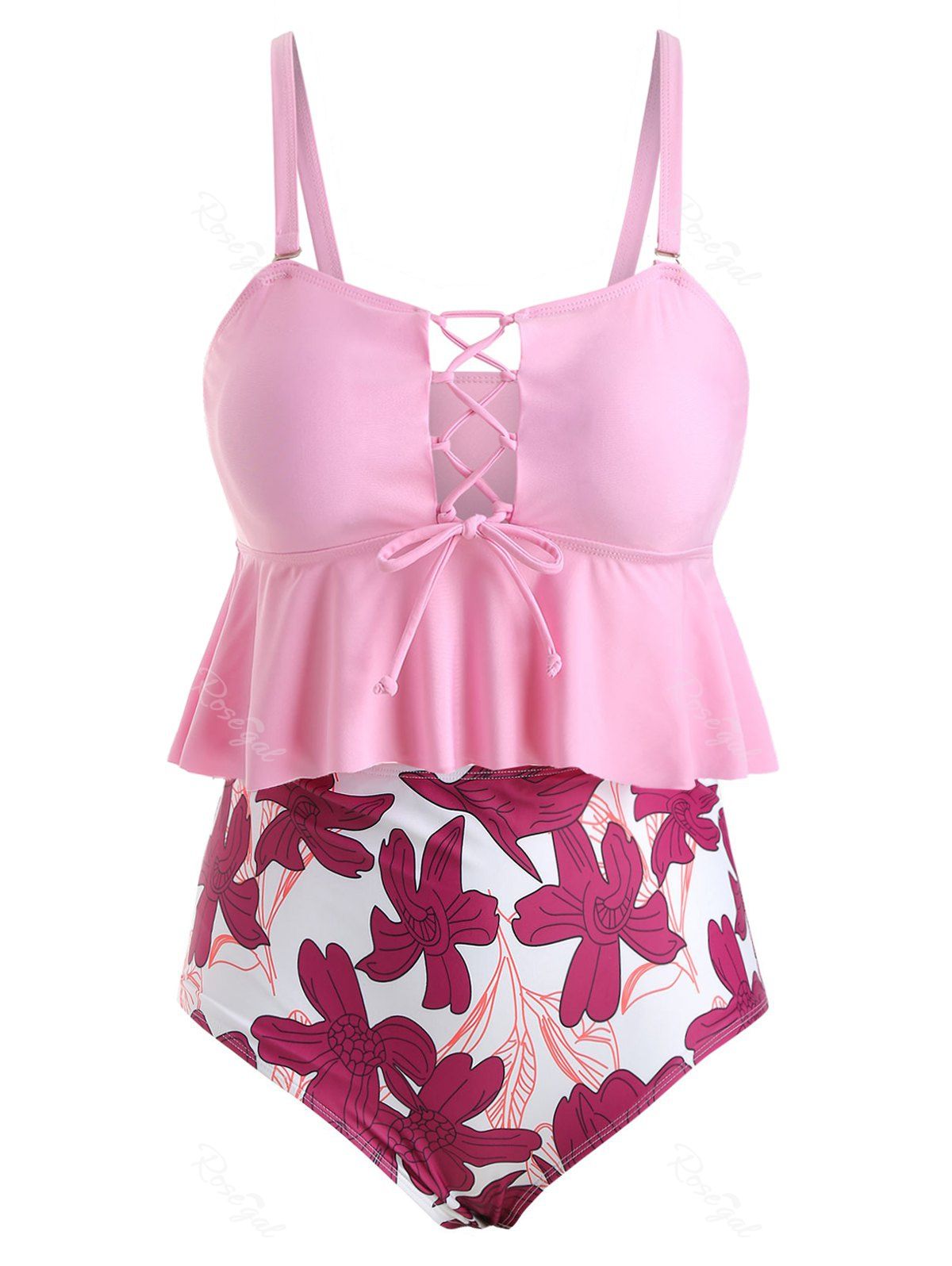 

Lace Up Ruffles Floral Plus Size Tankini Set, Multi-a