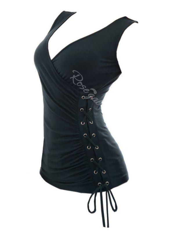 V Neck Lace Up Plus Size Tank Top, Blue