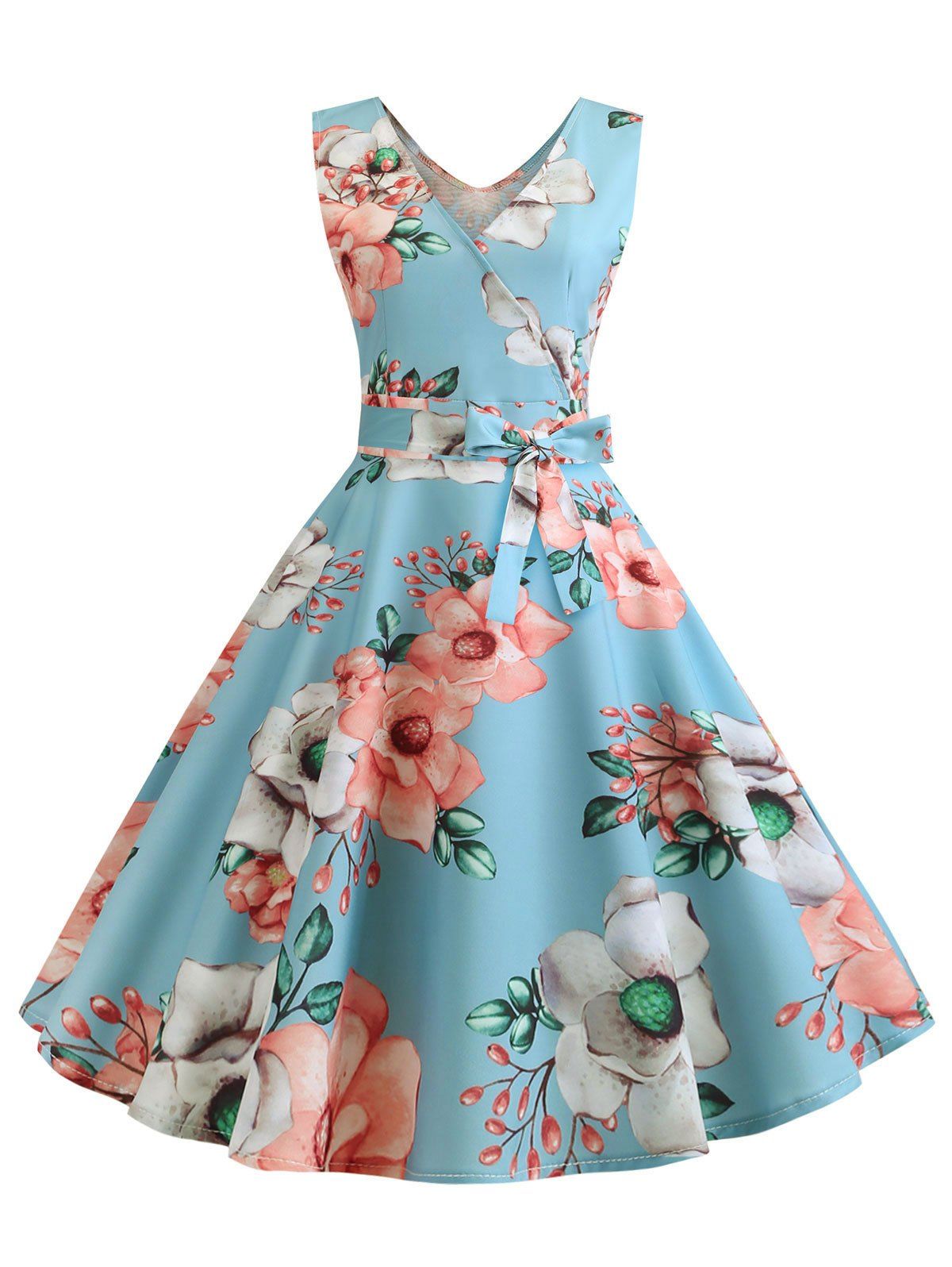 

Floral Double V Sleeveless Dress, Deep sky blue