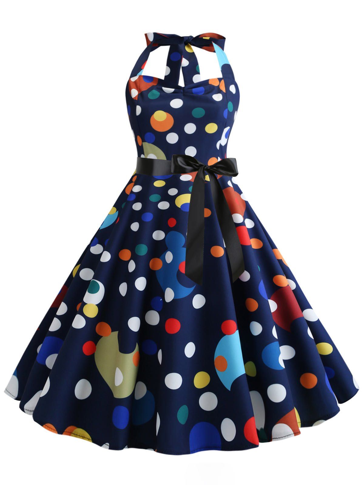 

Polka Dot Halter Shirred Party Dress, Multi