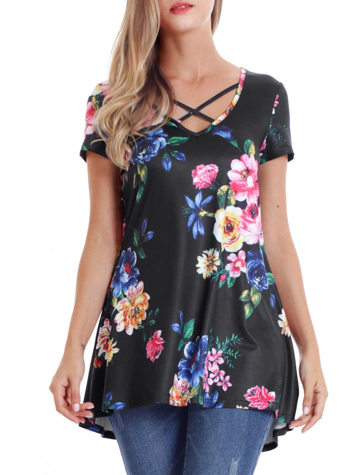 

Floral V Neck Longline T-shirt, Multi-a