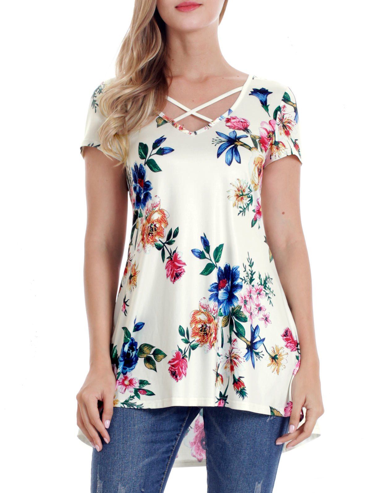 

Floral V Neck Longline T-shirt, Multi-c
