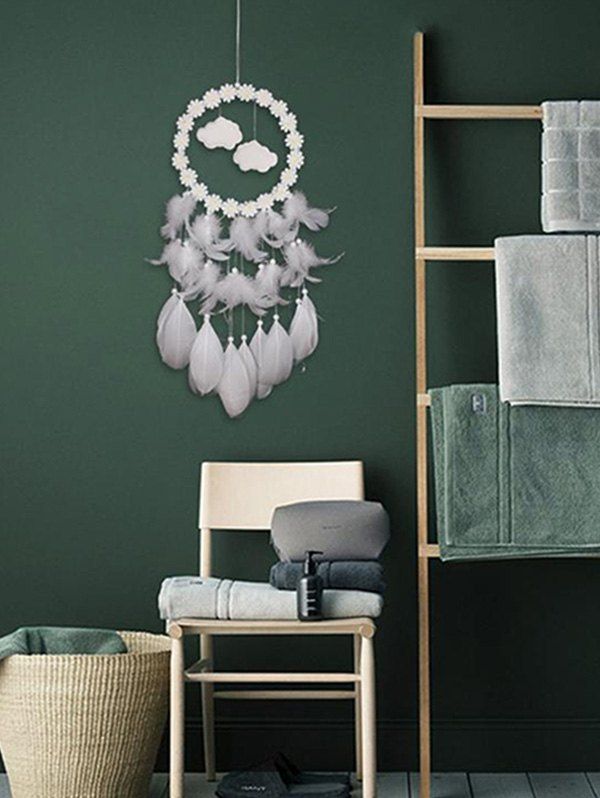 

Handmade Cloud Flowers LED Light Feather Dream Catcher, White