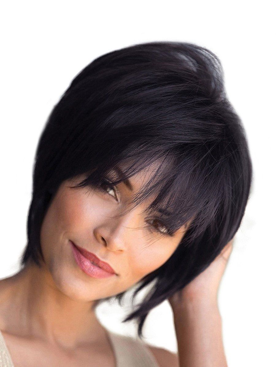 

Free Part Short Straight Fluffy Human Hair Wig, Black