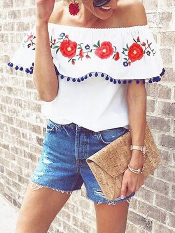

Off Shoulder Flower Pompom Trim Blouse, White