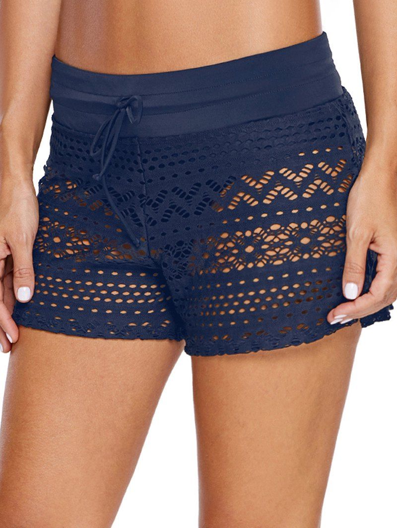 

Hollow Out Drawstring Swim Shorts, Cadetblue