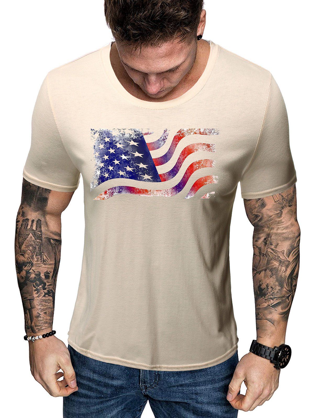 Creative American Flag Short Sleeve T Shirt, Light khaki