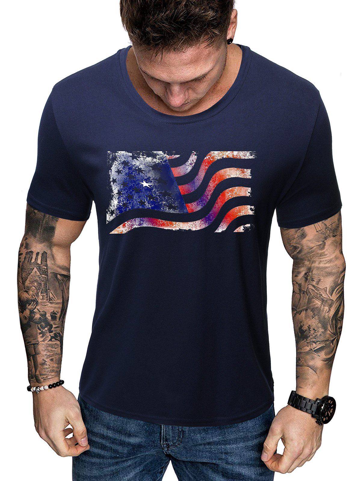 

Creative American Flag Short Sleeve T Shirt, Midnight blue