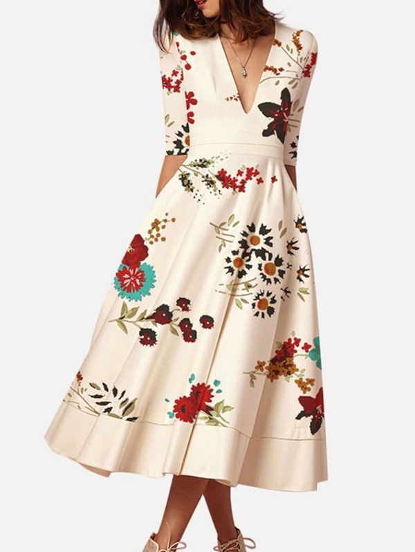 

Floral Print Half Sleeves Flared Dress, Champagne