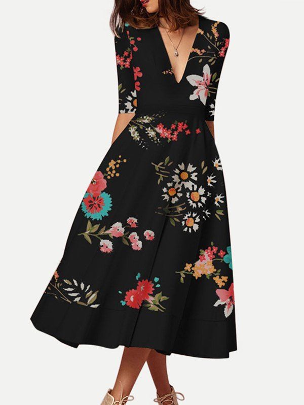 

Floral Print Half Sleeves Flared Dress, Black