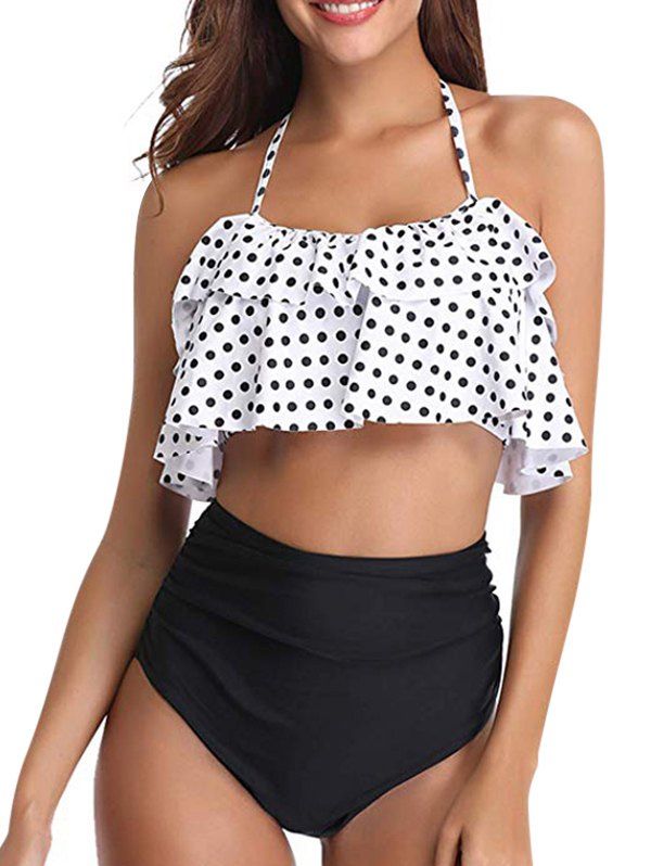 

Knotted Back Polka Dot Tiered Tankini Set, White