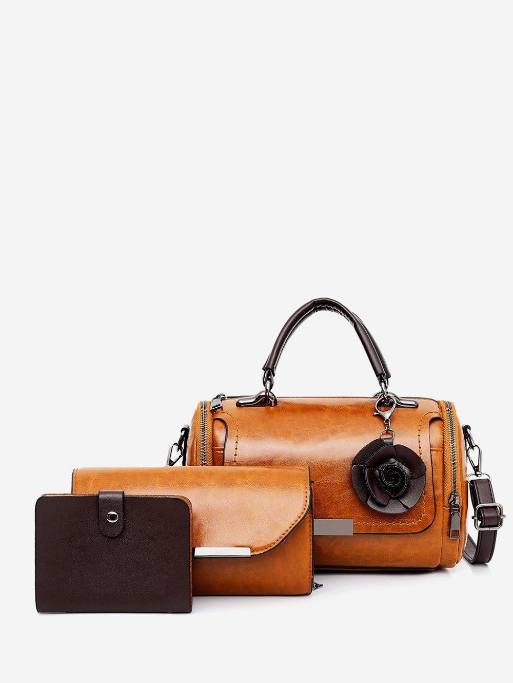 

Flower Design Handbag Wallet Card Bag Set, Brown