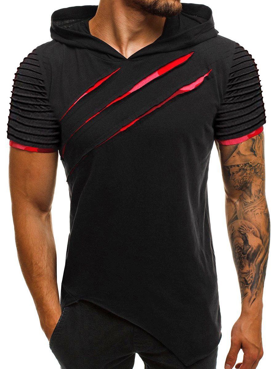 

Pleated Sleeve Scratches Hooded T Shirt, Black