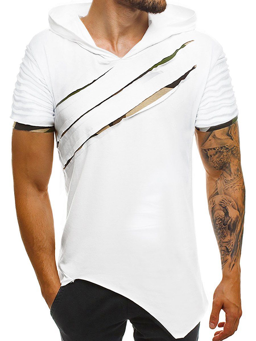

Pleated Sleeve Scratches Hooded T Shirt, White