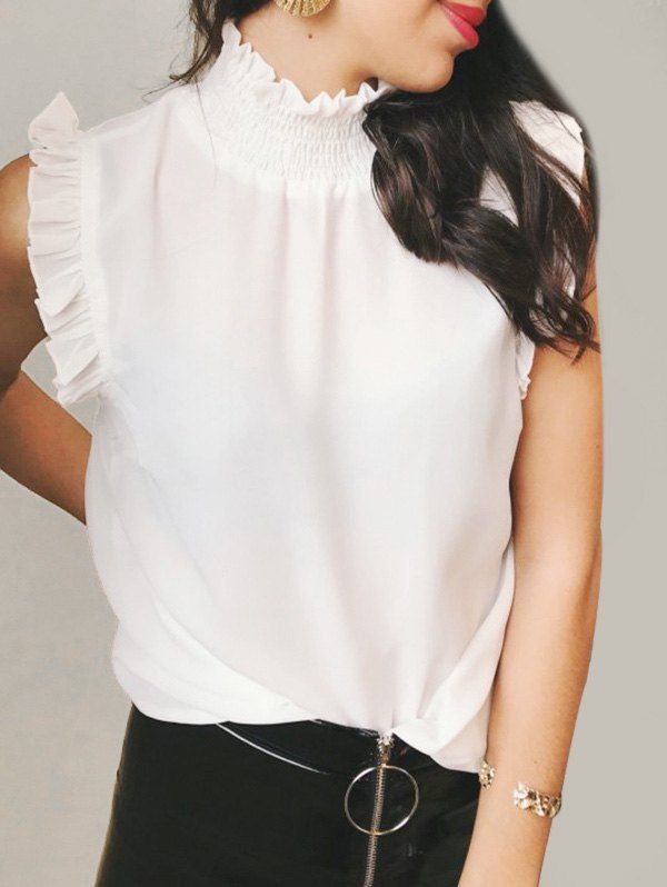 

Ruff Collar Keyhole Ruffles Blouse, White