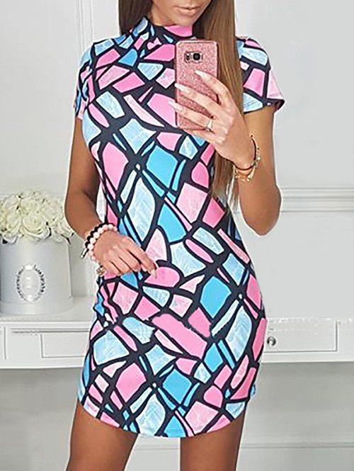 

High Neck Geometric Bodycon Dress, Multi