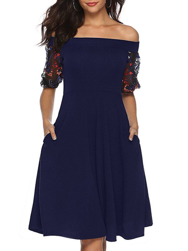 

Off Shoulder Mesh Panel Flare Dress, Cadetblue