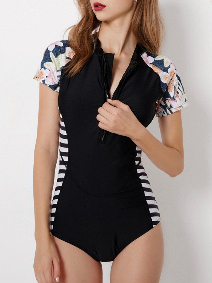 

Short Sleeves Floral Print Striped Swimsuit, Black