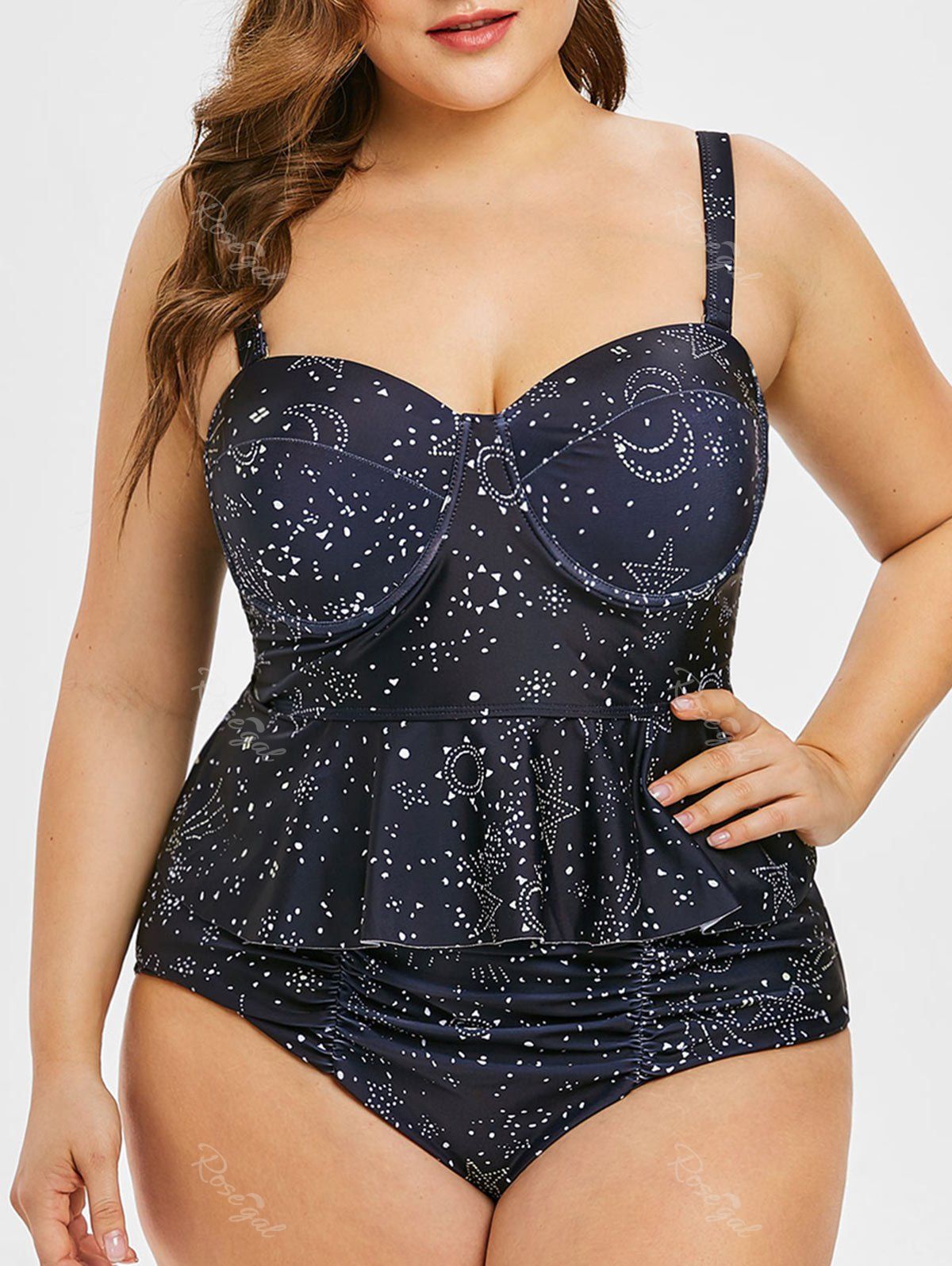 

Plus Size Starry Sky Skirted Tankini Set, Black