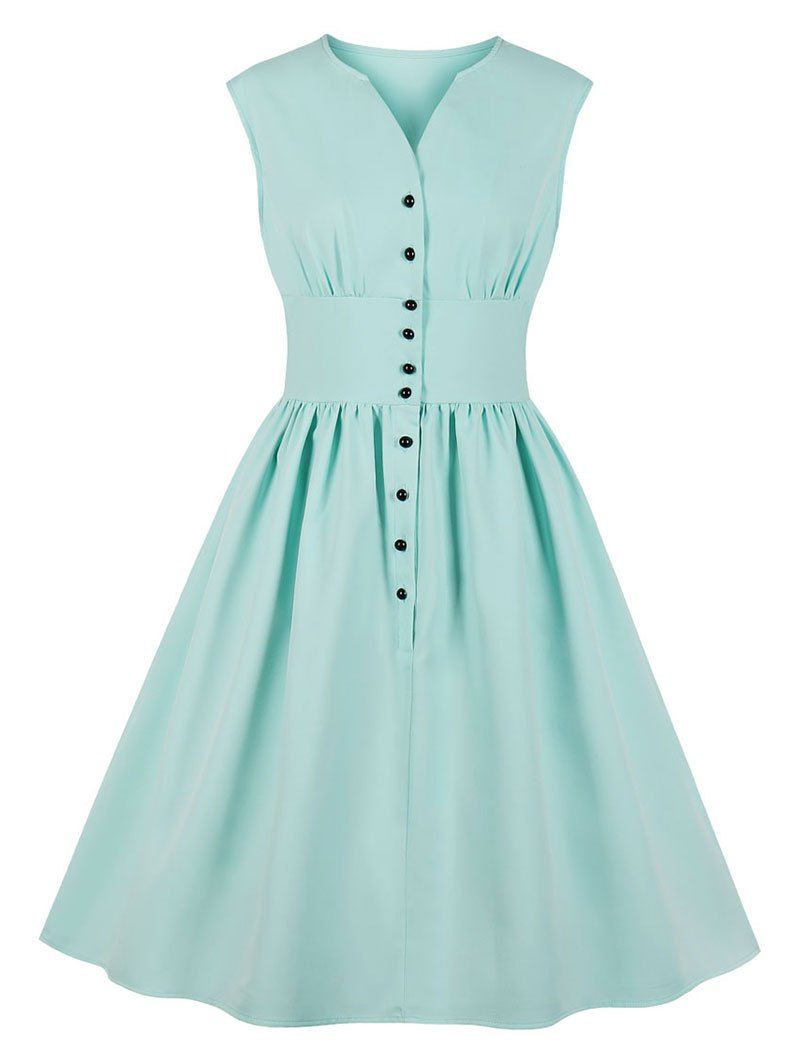 

V Neck Buttoned A Line Dress, Celeste