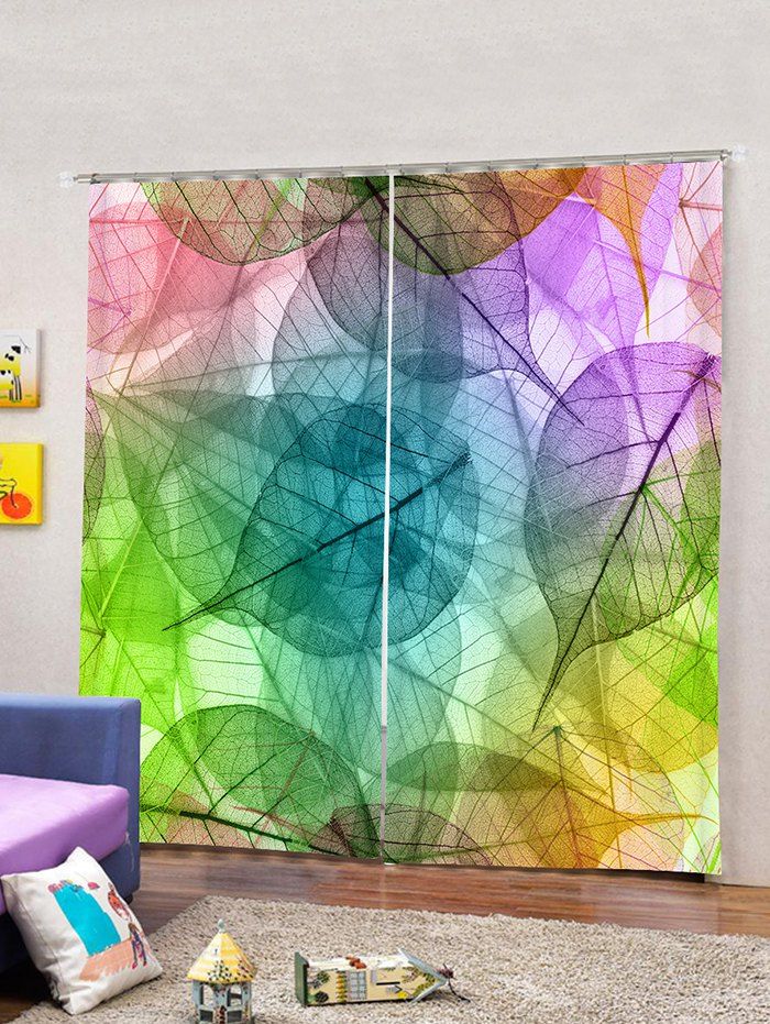 

2 Panels Colorful Leaves Print Window Curtains, Yellow green