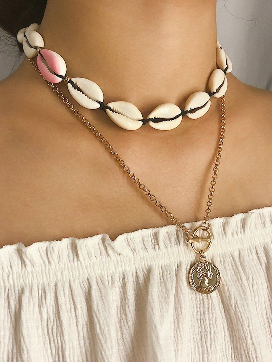 

Asymmetrical Shell Coin Layered Necklace, Pink