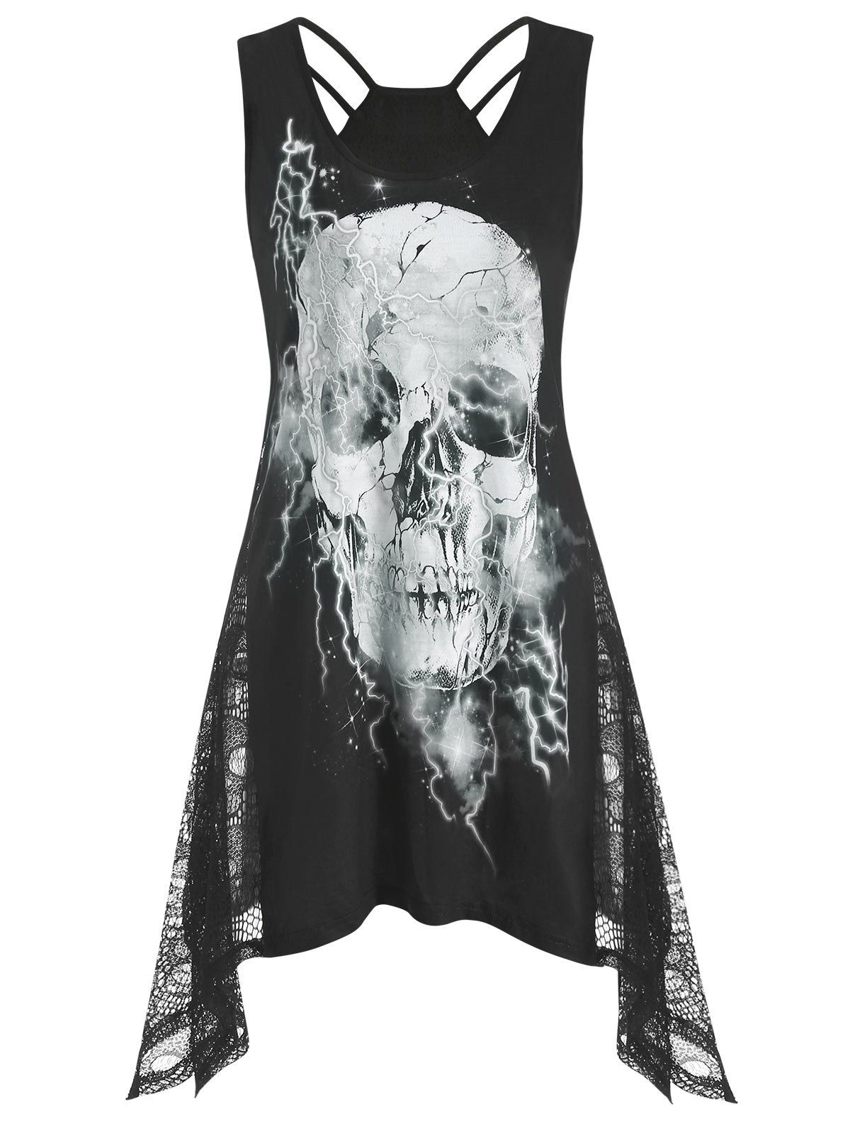 

Skull Lace Panel Longline Tank Top, Black