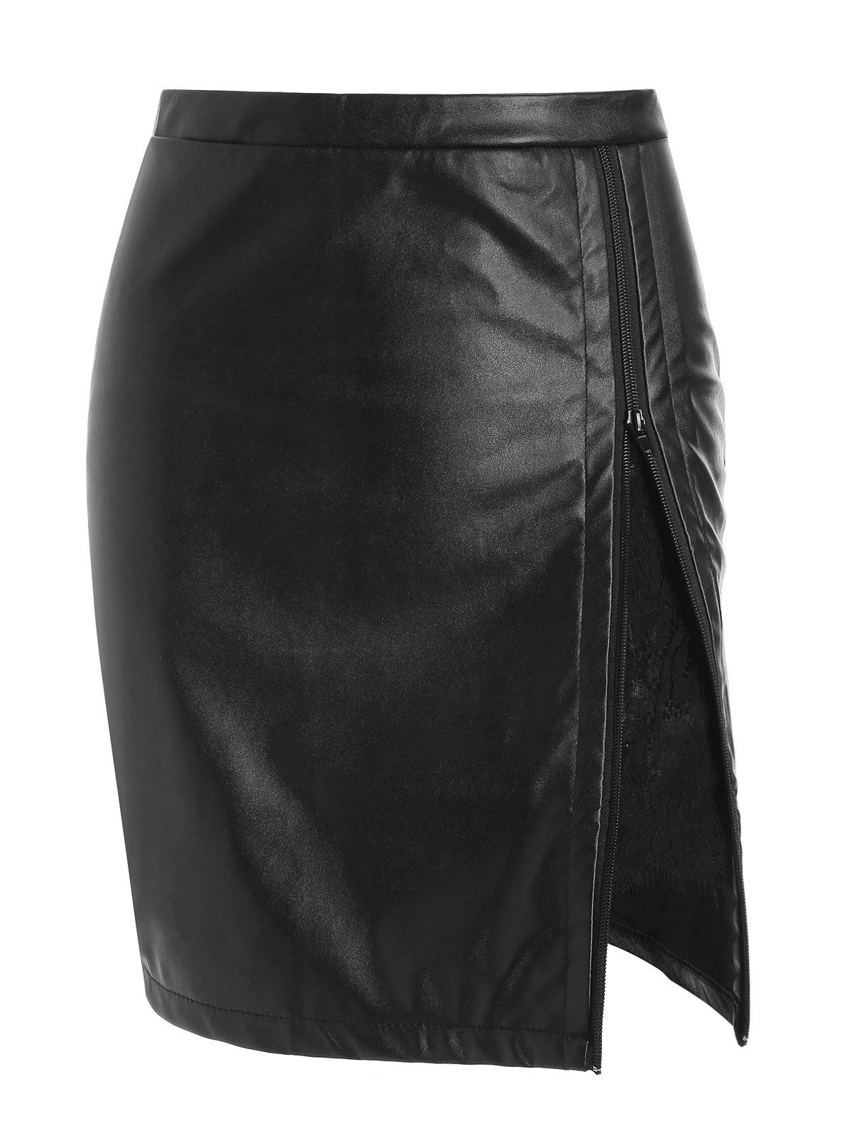 

Lace Panel Faux Leather Zip Skirt, Black