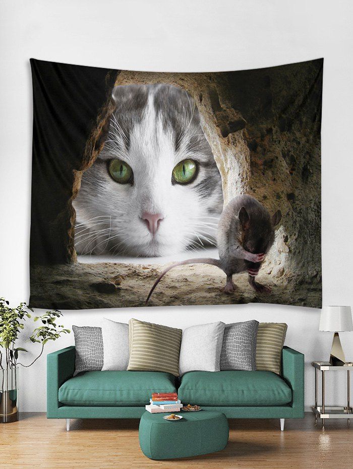 

Cat Mouse Print Art Decoration Wall Tapestry, Oak brown