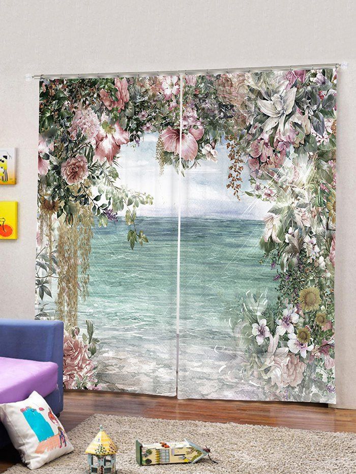 2 Panels Lakeside Flowers Print Window Curtains, Baby blue