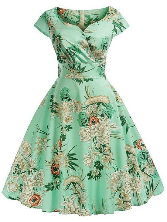 

Floral Print Surplice A Line Dress, Algae green