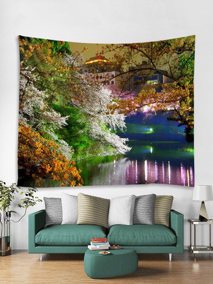 

Cherry Blossoms Night Scene Art Decoration Wall Tapestry, Orange gold