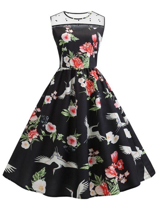 

Floral Print Mesh Panel A Line Dress, Multi-a