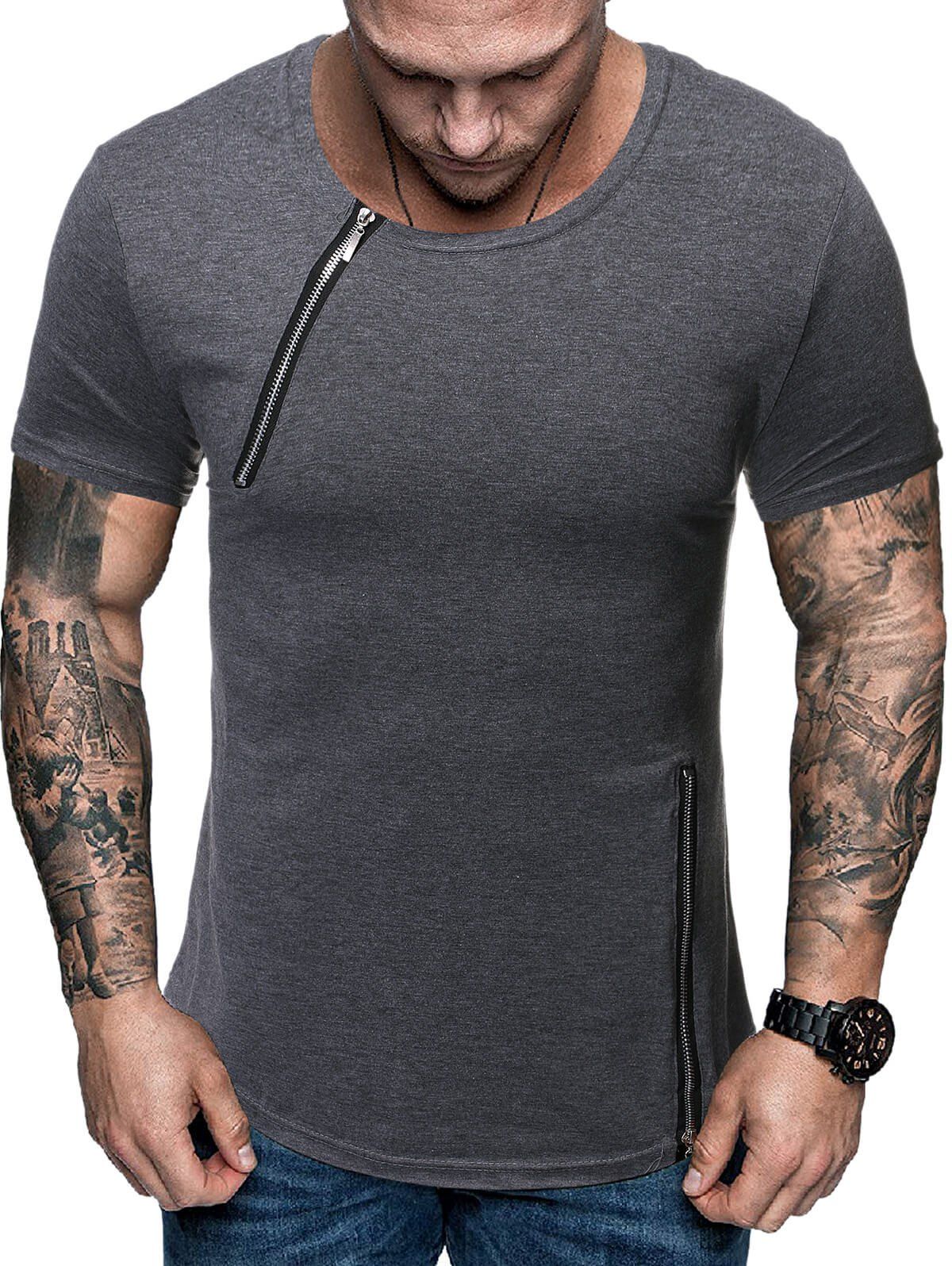 

Zipper Decoration Casual Short Sleeves T-shirt, Gray