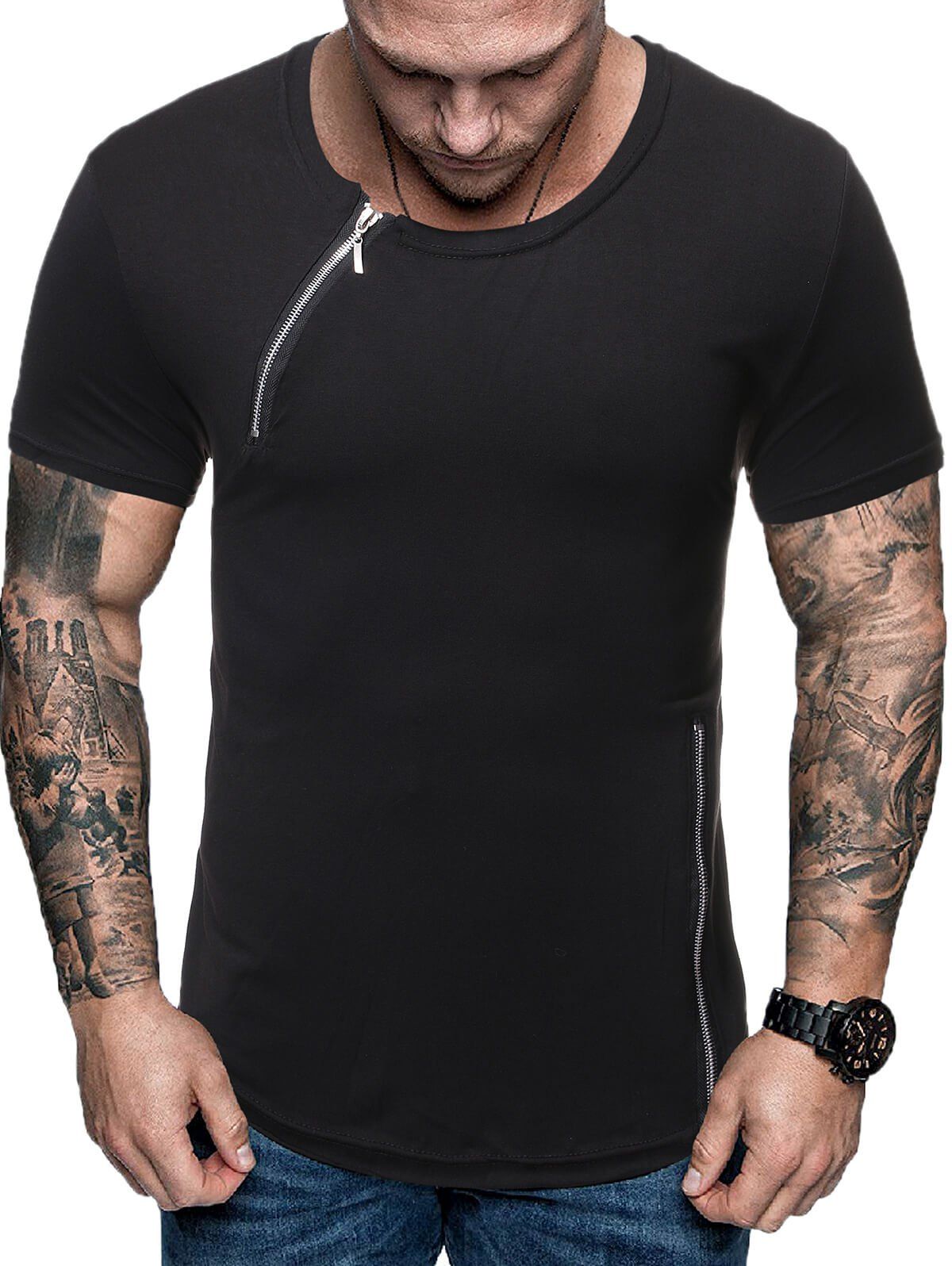 

Zipper Decoration Casual Short Sleeves T-shirt, Black