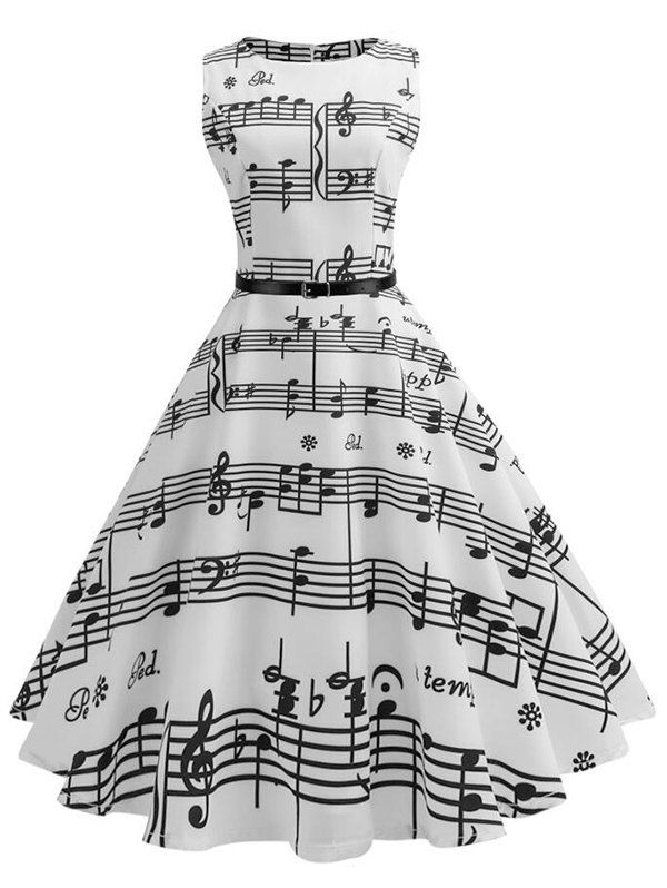 

Musical Notes Sleeveless Vintage Belted Dress, White