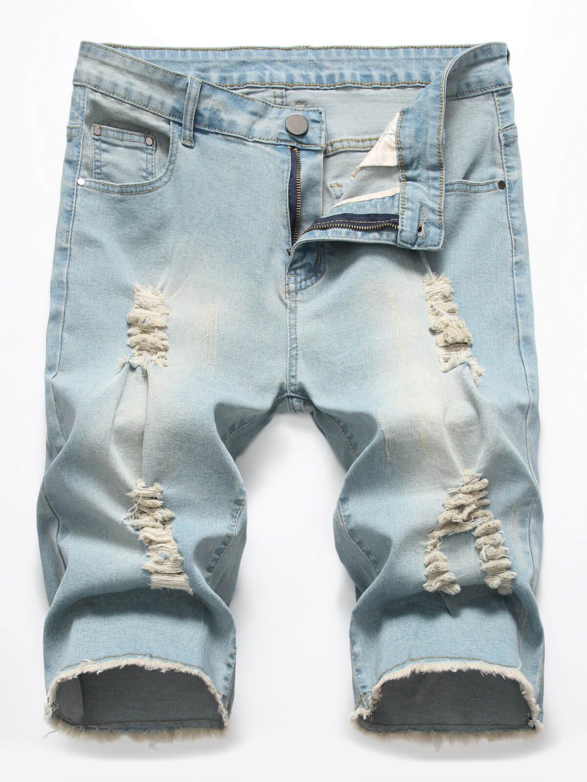 

Zipper Fly Casual Ripped Jeans Shorts, Blue gray