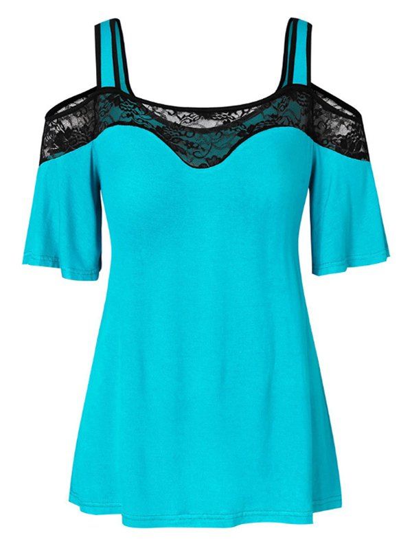 

Lace Insert Cold Shoulder T-shirt, Crystal blue