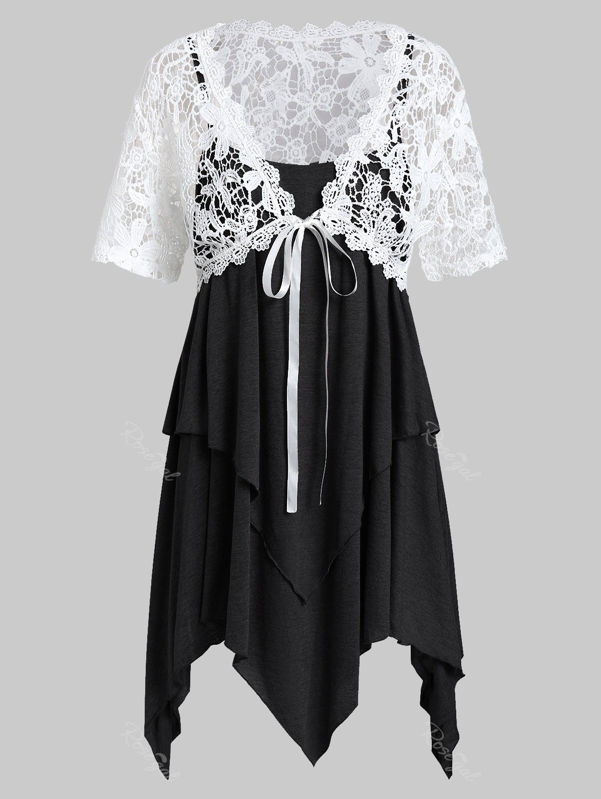 

Plus Size Lace Top With Handkerchief Layered Cami Top Twinset, Black