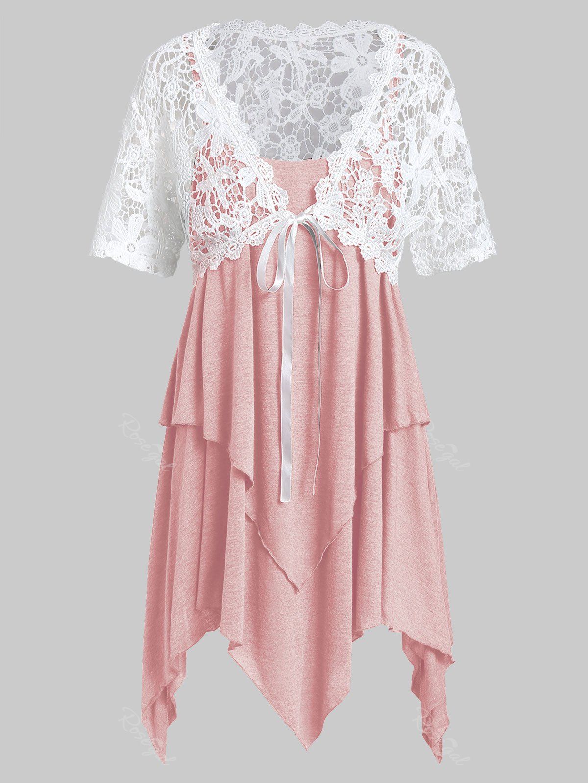 

Plus Size Lace Top With Handkerchief Layered Cami Top Twinset, Pig pink
