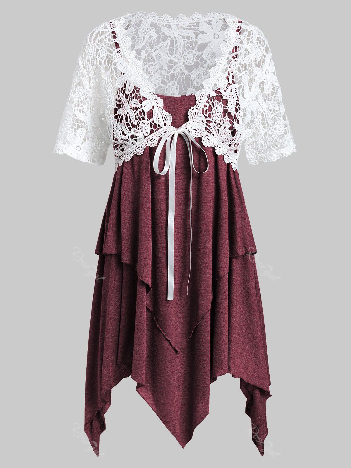 

Plus Size Lace Top With Handkerchief Layered Cami Top Twinset, Red wine