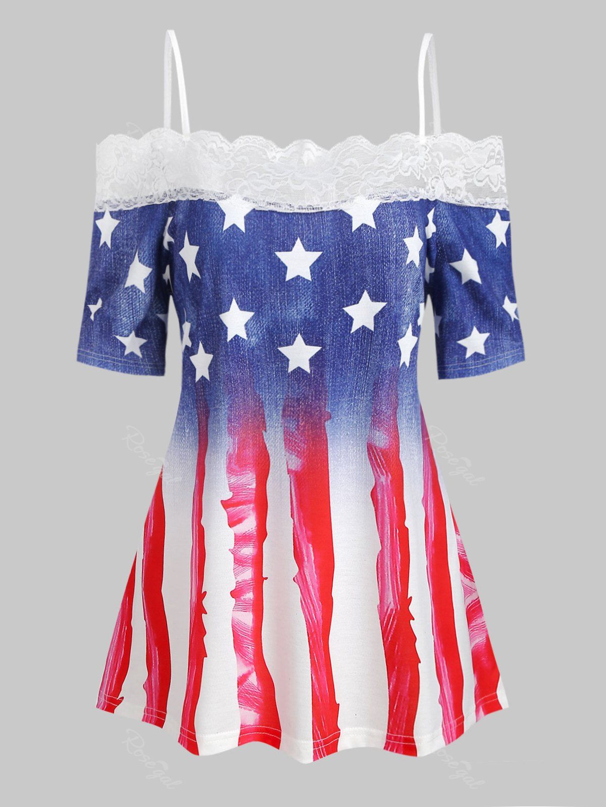 

Lace Panel Cold Shoulder American Flag Plus Size Tee, Red