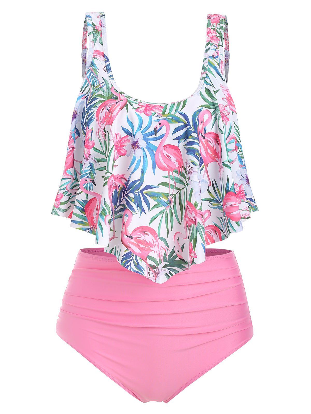 

Flamingo Print High Waist Tankini Set, Pig pink