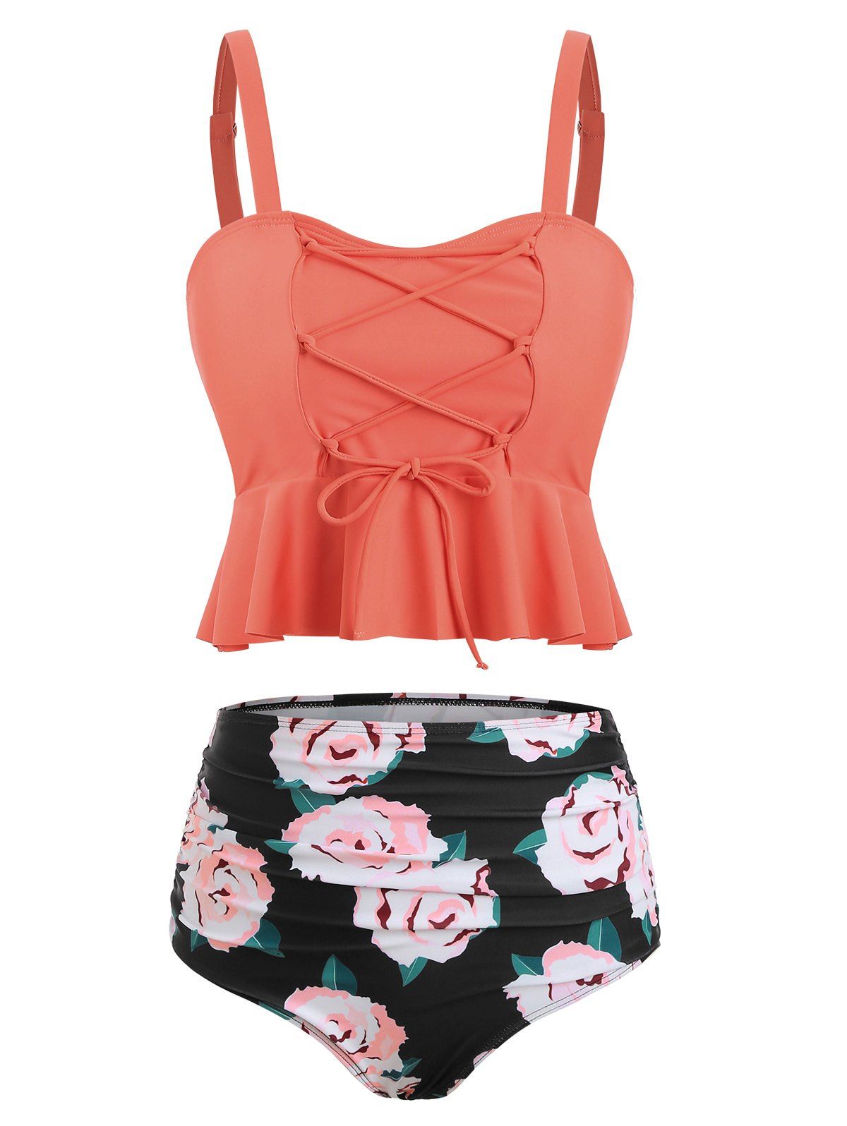 

Ruched Floral Print Tankini Set, Basket ball orange
