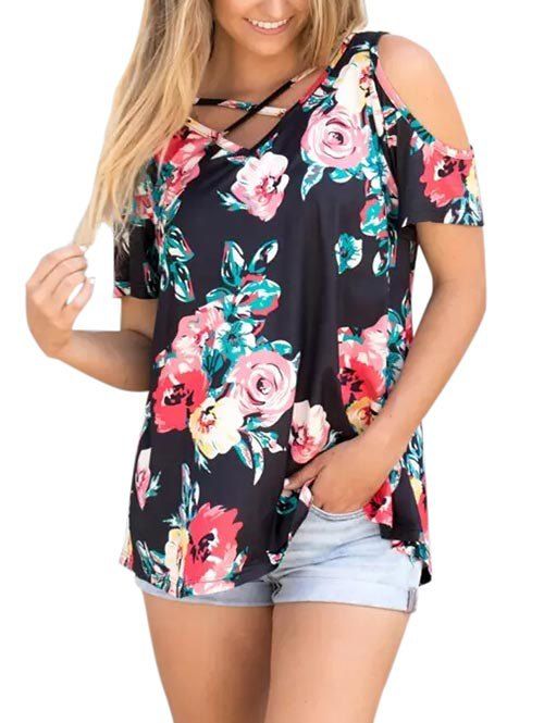 

Crisscross Floral Cold Shoulder Top, Multi