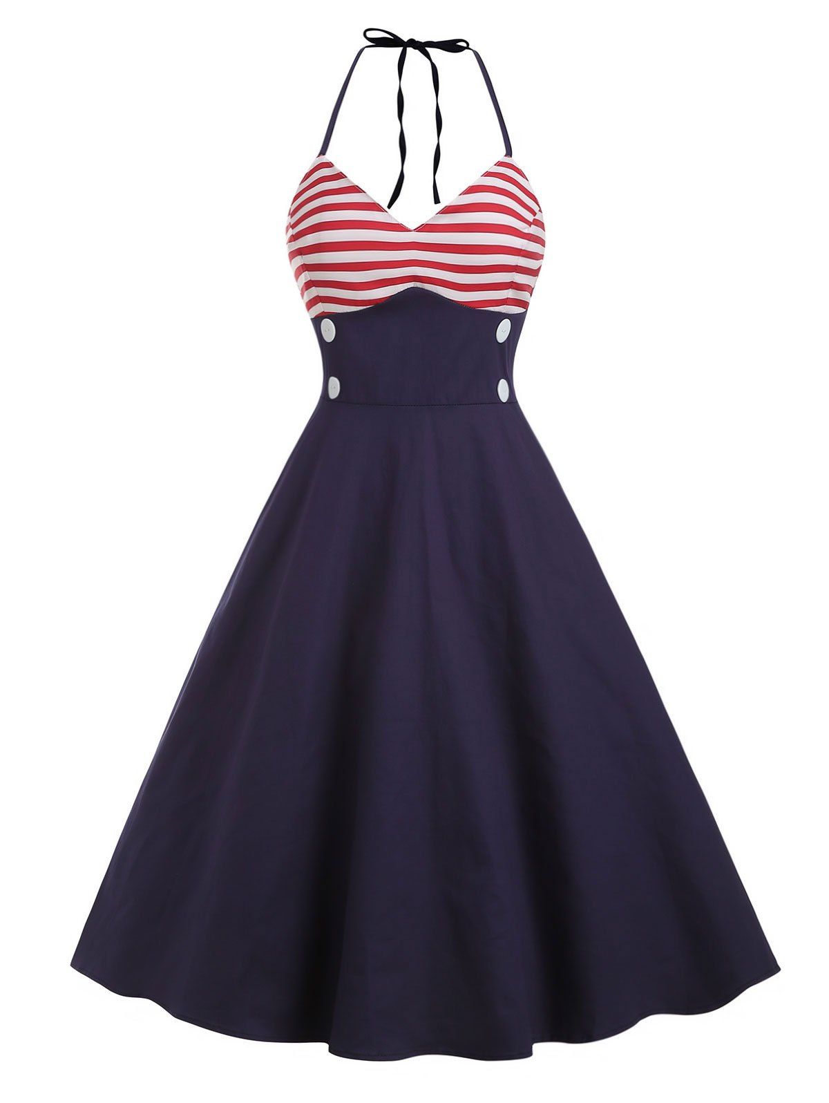 

Buttons American Flag Print Halter Flare Dress, Multi
